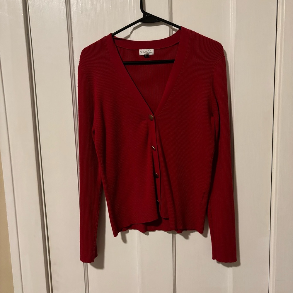 Olivia Sky Large Red Cardigan Sweater with Gold Buttons